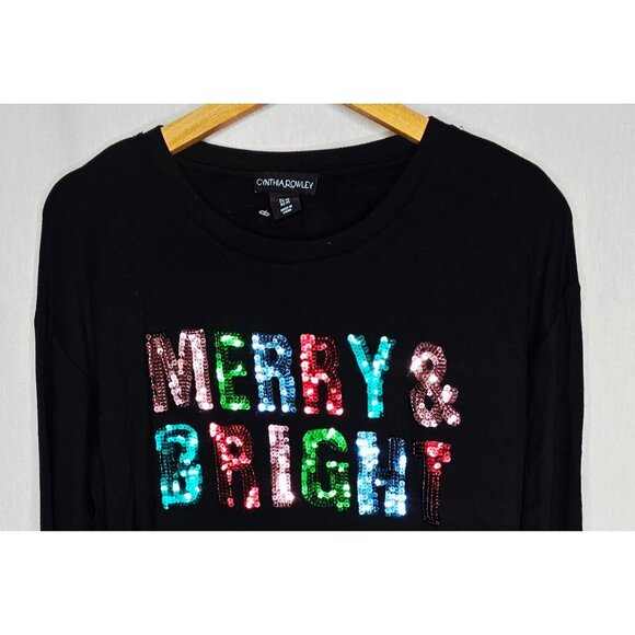 Cynthia Rowley Womens Black Long Sleeve Top With Colorful Sequin "Merry & Bright - Picture 3 of 7